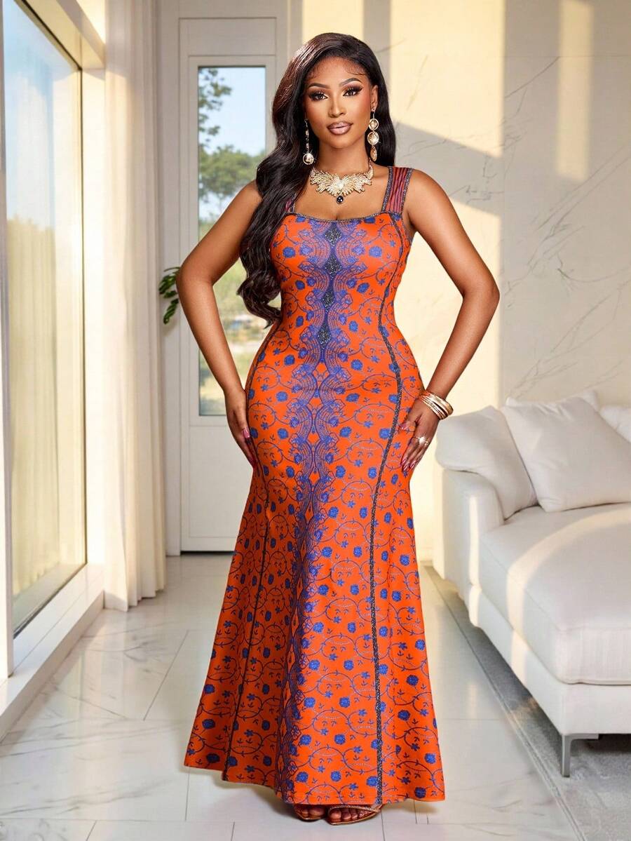 SHEIN LUNE Vestido elegante y sexy para mujer, vestido sin mangas de escote en V, ropa tradicional sudafricana, atuendo para fiestas y té de la tarde, estampado artístico, colores de moda de primavera y verano, vestido para sesión fotográfica artística, ropa para festival de música, ropa de verano para mujer - Naranja - Ver 1