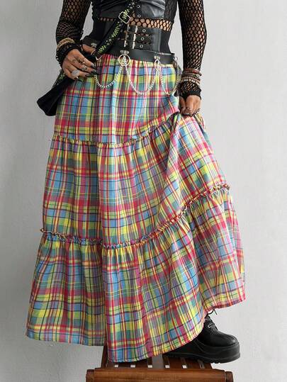 Whyspr Ins Street Style Retro Sweet Dopamine Patchwork High Waist Loose Flared Skirt For Women