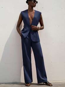 Aveloria Modichic 女士商务正式简约纯色深V领系带无袖背心和西装裤套装 - 藏蓝色 - 查看 4