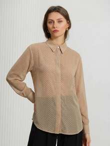 Aveloria Modichic Áo kiểu tay dài cổ bẻ bằng vải chiffon mỏng nhẹ, tối giản, dễ phối đồ, màu đen trắng chấm bi, phù hợp cho mùa xuân và mùa hè. - Bụi hồng - Xem 3