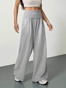SHEIN Tall 超宽腿翻折腰裤，休闲夏季机场秋冬款 - 灰色 - 查看 5