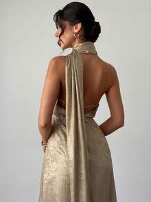 Firerie Women's Elegant Metal Texture Solid Color Halter Neck Dress - Gold - View 2