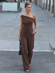 Lumalex 女士夏季时尚条纹不对称上衣和裤子两件套 - 咖啡棕 - 查看 13