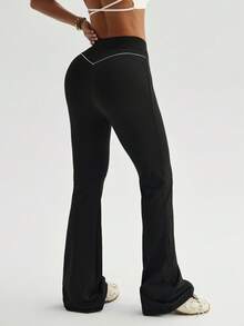 Dewbera 女士撞色滚边系腰休闲通勤运动喇叭裤 - 黑色 - 查看 6