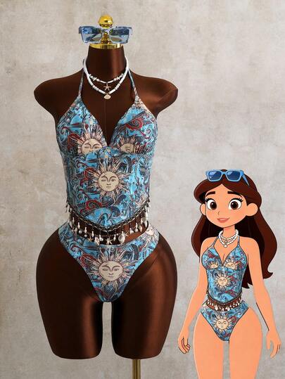 SoleilVie 2pcs Women Sexy Swimsuit Set, Summer Halter Swimwear With Moon & Star Pendant, Beach Swimsuit