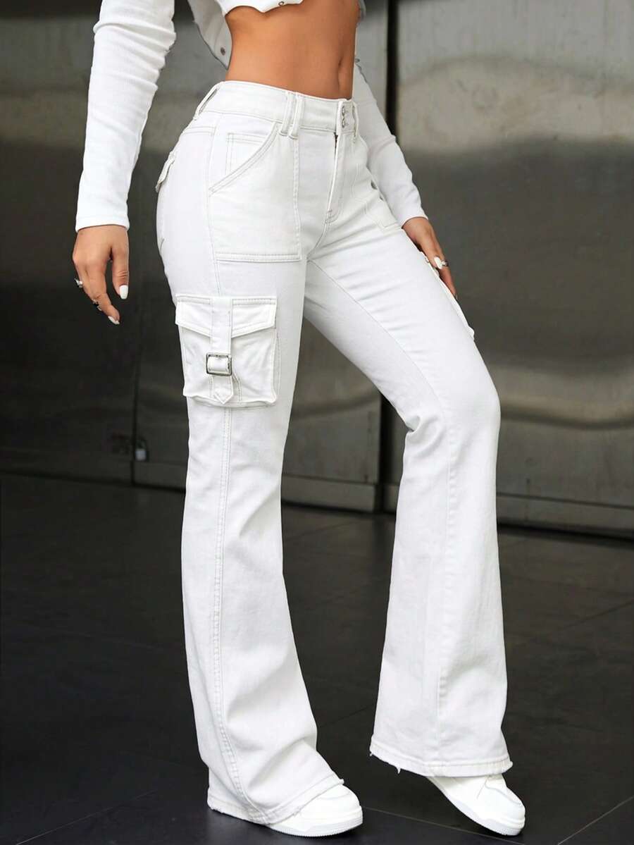 SHEIN ICON Women's Pocketed Button Casual Flare Jeans, Versatile For Daily Wear - White - View 1