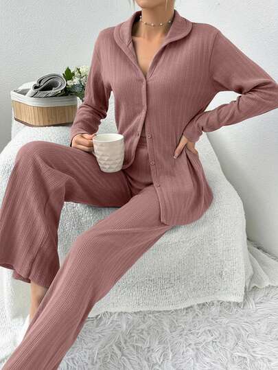 EURMUSE Conjunto de pijama de 2 peças Plus Size, 100% algodão, estilo camisa, com botões e listras, na cor bordô escuro.