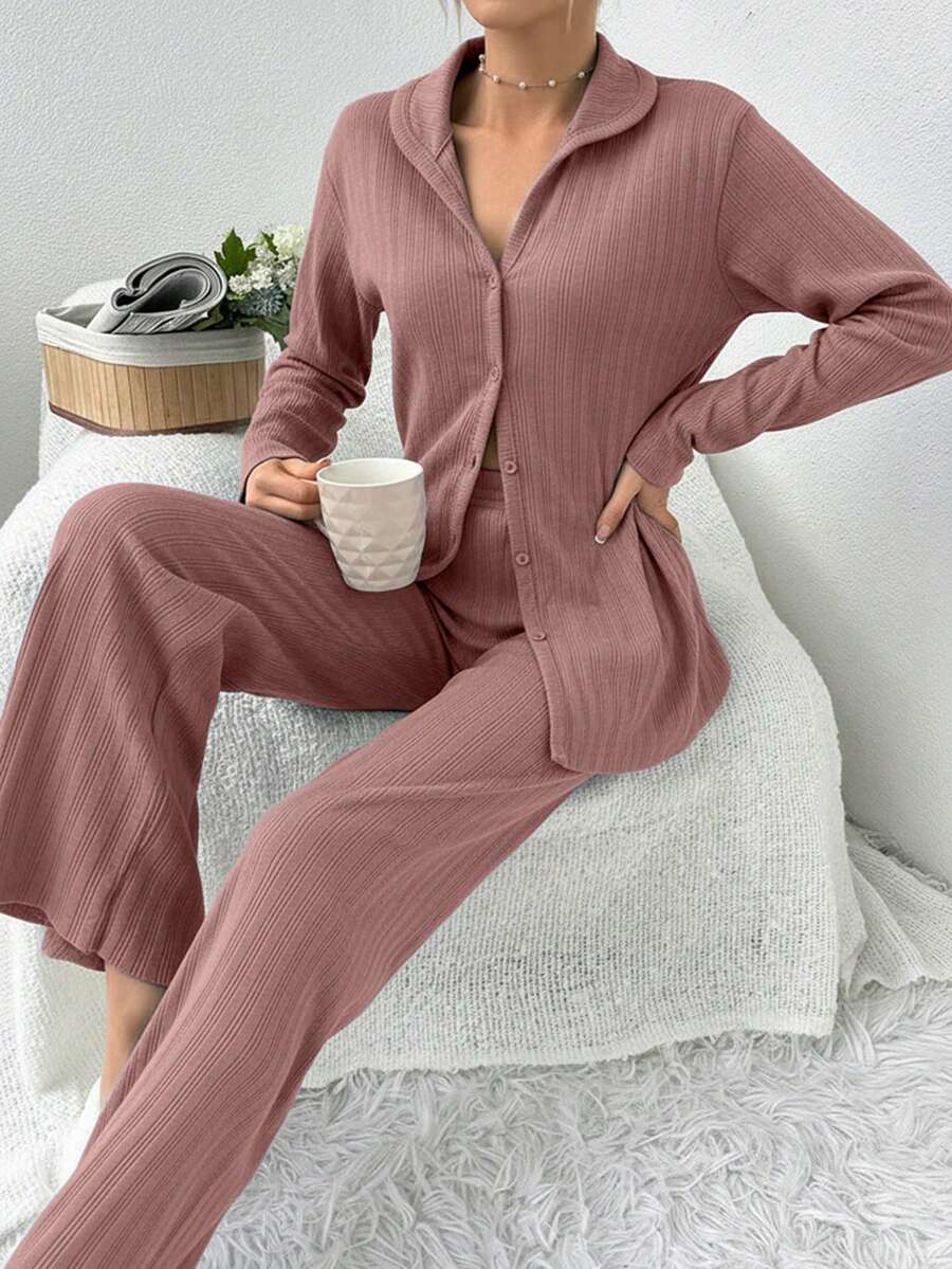 EURMUSE Plus 100%Cotton Shirt Style Buttoned Striped Dark Burgundy 2 Pieces Pajama Set - Rusty Rose - View 1