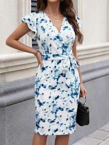 Ellevyn 蓝白碎花V领荷叶袖修身连衣裙，适合工作和约会，夏季浪漫优雅弹力针织印花修身长裙，蓝色连衣裙，婚礼礼服套装，女士蓝色连衣裙，女士碎花连衣裙，伴娘礼服，度假套装，女士夏季连衣裙，女士夏季套装，新款女士连衣裙，休闲裹身裙，婚礼宾客裹身裙，女士碎花连衣裙，荷叶袖连衣裙，蓝色碎花裹身裙 - 藍白色 - 查看 6