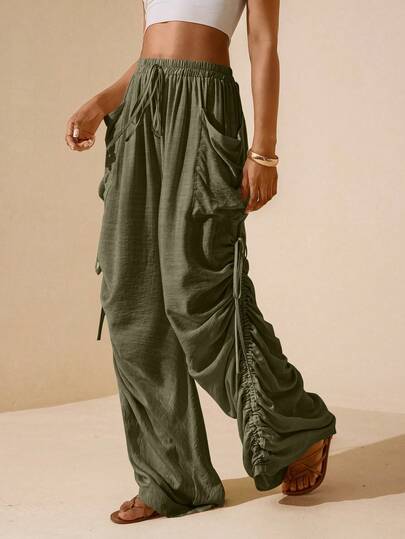 Vesra 女士纯色侧边褶皱抽绳口袋裤