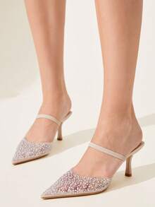 CUCCOO CHICEST Bombas de tacón alto con punta puntiaguda, de tacón transparente, con perlas y strass, sexy y elegante - Beis - Ver 4