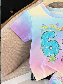 两件套女童短袖T恤和短裤，适合夏季穿着，新款SS26时尚Y2K图案T恤，渐变印花数字“67”和星形图案短裤，适合休闲、度假和户外活动穿着。 - 彩色 - 查看 4