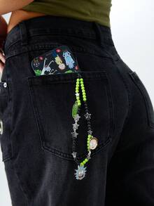 Rick and Morty X SHEIN Dây đeo điện thoại di động đính hạt thủ công bằng hợp kim kẽm màu đen xanh lá cây hình hoạt hình dễ thương, kiểu dáng unisex, hình ngôi sao, mặt dây chuyền điện thoại. - Nhiều màu - Xem 5