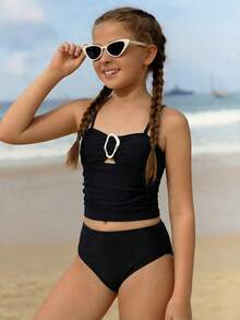 Tween Girl Vacation Beach Camisole Tankini Set - Black - View 5