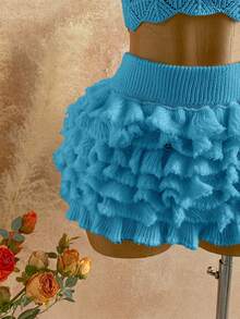 SHEIN WYWH Bộ đồ 2 mảnh dành cho nữ mùa xuân/hè, gồm áo hai dây cổ yếm buộc dây và chân váy mini xếp tầng, thích hợp cho đi biển, nghỉ mát, gợi cảm, hẹn hò, du lịch biển. - Màu xanh ngọc - Xem 5