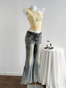 Elamini 女士休闲水洗低腰喇叭牛仔裤 - 藍色 - 查看 3