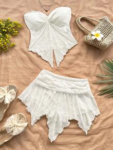 Soleia Women Floral Lace Twist Bandeau Top And Asymmetric Hem Midi Skirt 2 Pieces Set - White - View 3