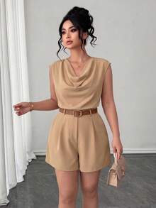 Elenzga Women's Plus Size Elegant 2 Piece Set,Sleeveless Blazer&Classy Shorts,Tie Dye,Summer,Casual,Everyday Luxury Suit,Versatile Waistcoat&Asymmetrical Top - Khaki - View 7
