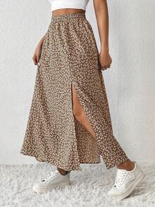 SHEIN PETITE Ditsy Floral Print Split Thigh Skirt - Khaki - View 4