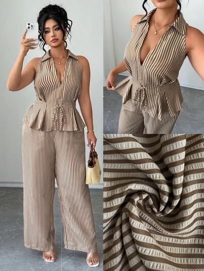 Elenzga Plus Size Casual Striped Print Tank Top + Minimalist Versatile Pants 2 Pieces Set