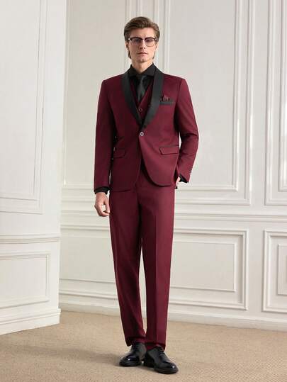 Officeau Premium Brand Formal Business Suit 3 Pieces Set, Solid Color Suit (Jacket + Vest + Pants) For Groom Wedding, Valentine's Day