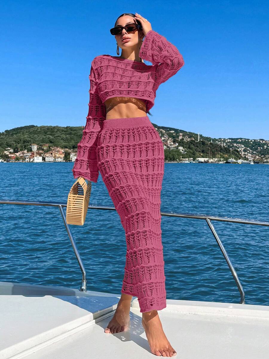 EURMUSE 2pcs Crochet Jacquard Hollow Out Loose Fit Cover Up Set - Dusty Pink - View 1