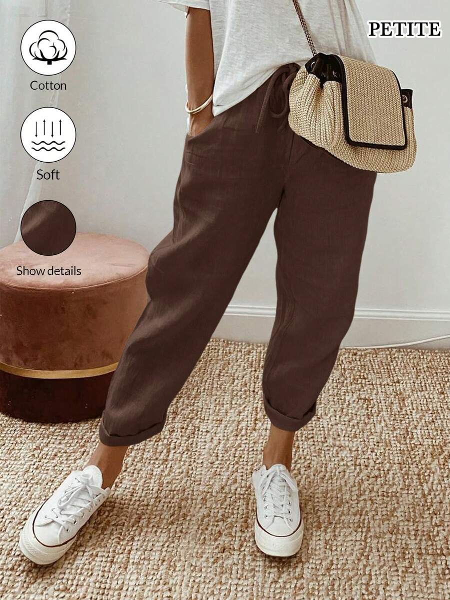 Breezaya Petite Women's Casual Linen-Feel Pants, Spring/Summer - Coffee Brown - View 1