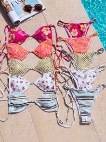 Swim Mod 2pcs Women's White Floral Summer Tropical Pool Party Vacation Holiday Pearl Decor Halter Backless Triangle Top And Adjustable Bikini Bottom Set - Multicolor - View 4