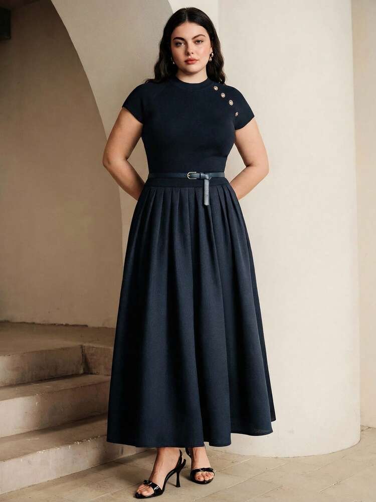 Anewsta New Elegant Round Neck Cap Sleeve Knit Patchwork Flared Waist Dress With Belt, Plus Size