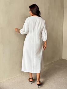 Auralis Plus Size Casual Solid Color Deep V-Neck Dress Work Outfits For Women Office Outfits For Women Office Attire For Women White Dress White Dresses For Women - White - View 5