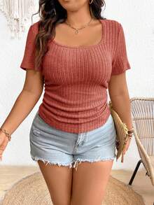 SHEIN Frenchy Plus Size Women Casual Ribbed Square Neck T-Shirt - Orange - View 1