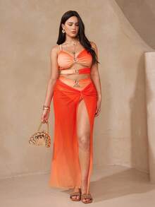 Swim Oasis Set da bagno a 3 pezzi con sfumatura arancione, taglie comode, slip a vita alta + gonna in rete, costumi da bagno snellenti per vacanze al mare - Multicolore - Visualizzare 5