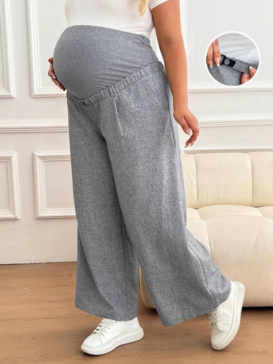Plussiva 大码孕妇纯色可调节腰围阔腿裤 - 深灰色 - 查看 1