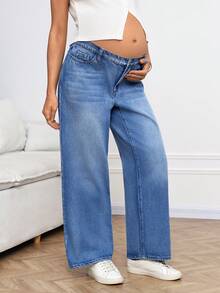 SHEIN 孕妇休闲日常水洗斜插口袋宽松牛仔裤夏季嘉年华服装通勤度假毕业时尚Y2K可爱街头风性感派对婚礼优雅商务休闲女装海滩毕业复活节宽松版型蓝色牛仔长裤 - 藍色 - 查看 4