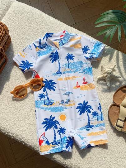 SHEIN Pelele de baño minimalista con estampado de árbol de coco para bebé niño, de cuello redondo y manga corta, adecuado para verano, primavera/verano, uso en casa, salidas y playa