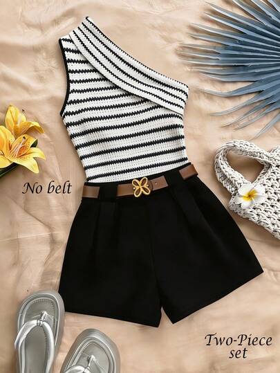 Trelyra New Fashion Casual High-Stretch Striped Ruffle Shoulder Top Paired With Black Pants Set, Spring/Summer Stylish Commuter Outfit, Women 2-Piece Set. Women Shorts, Women Spring/Summer Suit.
