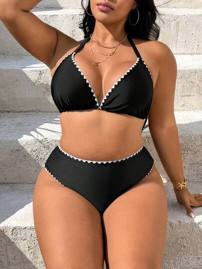 Swim Vcay Plus Size 2pcs Black Textured Fabric White Trim Halter Neck Tie Bikini Set Set, Suitable For Summer Beach And Vacation