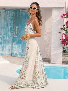 Vivid Eden V领露背休闲纹理面料连衣裙，适合女士外出和度假穿着 - 杏色 - 查看 9