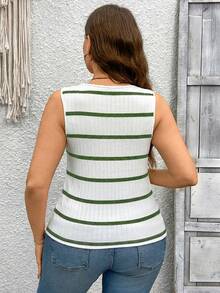 SHEIN LUNE Plus Size Women V-Neck Striped Knit Vest,Summer Outfits For Women Summer Boho Old Money Summer Outfits For Women Spring Break Rave Outfits Festival Spring Break Outfits - Army Green - View 2