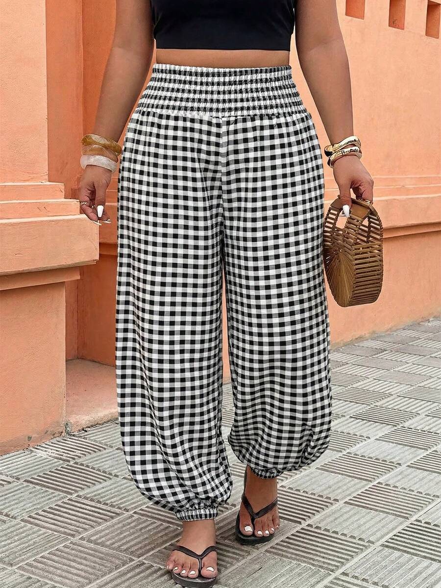 Weeklong Quần ống rộng cạp chun cho nữ cỡ lớn, quần dài đi nghỉ mát thoải mái, vải kẻ caro, thích hợp mặc mùa hè. - Nhiều màu - Xem 1