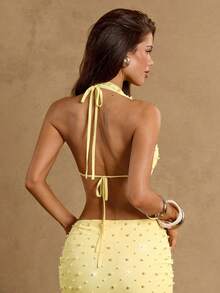 SHEIN BAE Top de bikini sexy con escote halter, espalda descubierta y cordones, forrado, de color amarillo, para primavera/verano - Amarillo - Ver 2