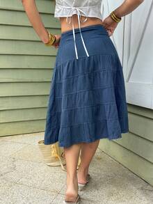 Sunnyshic 女士夏季休闲褶皱牛仔迷你裙 - 藍色 - 查看 2