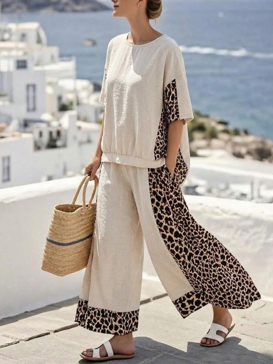 EMERY ROSE Große Größen Leopardenmuster Patchwork Leinen-ähnliche Textur asymmetrischer Saum Hemd & lockere Hose 2-teiliges Set, Beige, Sommer, Boho, Strand, Urlaub Lässig - Verschiedenfarbig - Übersicht 1