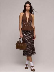 Muvela Chân váy nữ mùa xuân/hè mới, màu nâu cà phê chấm bi, chất liệu ren dệt, eo chun, gấu váy có thể điều chỉnh, thiết kế xếp ly, đa năng cho trang phục mùa hè. - màu nâu - Xem 4