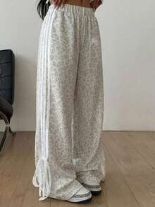 SHEIN EZwear Women's Elastic Waist Leopard Print Rider Pattern Loose Wide Leg Casual Pants - Multicolor - View 3