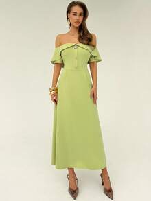 Rafferiza Vestido largo de línea A con botones y hombros descubiertos para mujeres - Verde - Ver 4