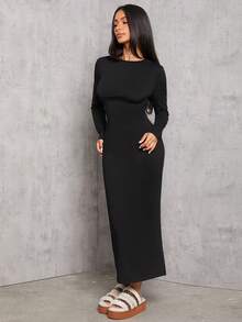 SHEIN PETITE Đầm dài tay màu đen xếp ly eo trơn - màu đen - Xem 8