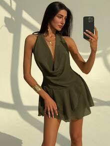 Aloruh Đầm ngắn gợi cảm mới, hở lưng, màu trơn, cổ yếm, xẻ sâu, xếp ly bất đối xứng, viền bèo nhún, thích hợp để đi chơi. - xanh quân đội - Xem 7