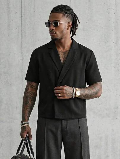 AXEPEAK 2件套男士休闲宽松落肩斜襟短袖衬衫套装