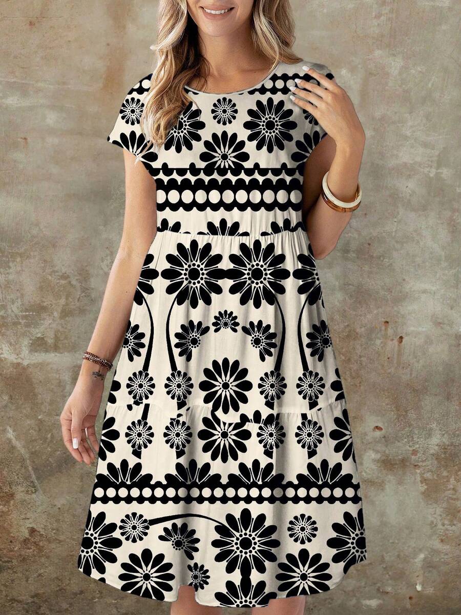 EMERY ROSE Casual Loose Round Neck Short Sleeve Midi Dress For Women, Suitable For Summer - Multicolor - View 1